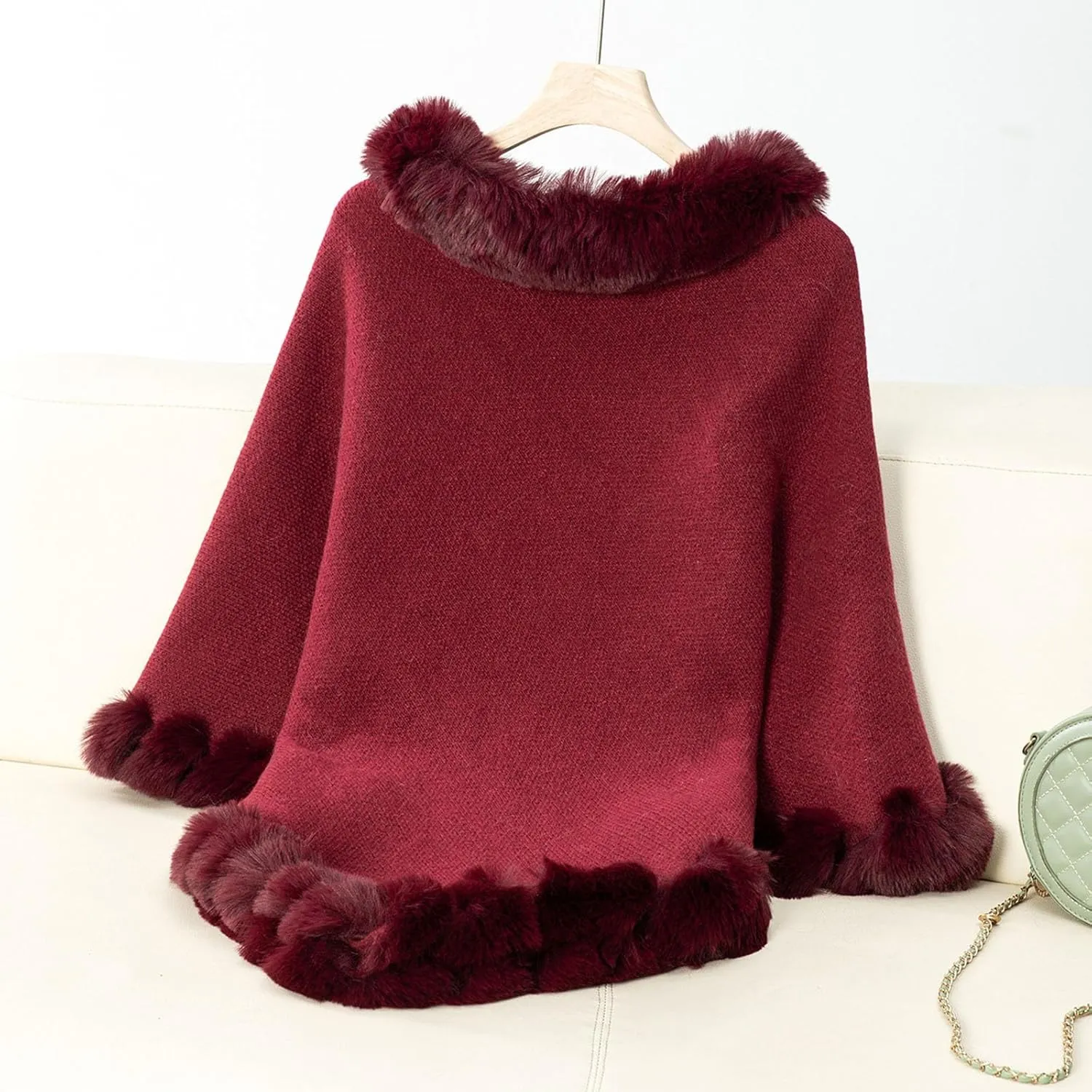 HGps8w Women's Winter Fur Trim Irregular Hem Shawl Wrap - Cozy Warm Loose Pullover Knitted Poncho Cape Cardigans Shawls