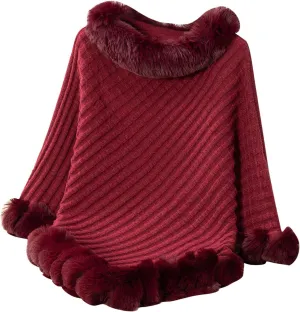 HGps8w Women's Winter Fur Trim Irregular Hem Shawl Wrap - Cozy Warm Loose Pullover Knitted Poncho Cape Cardigans Shawls