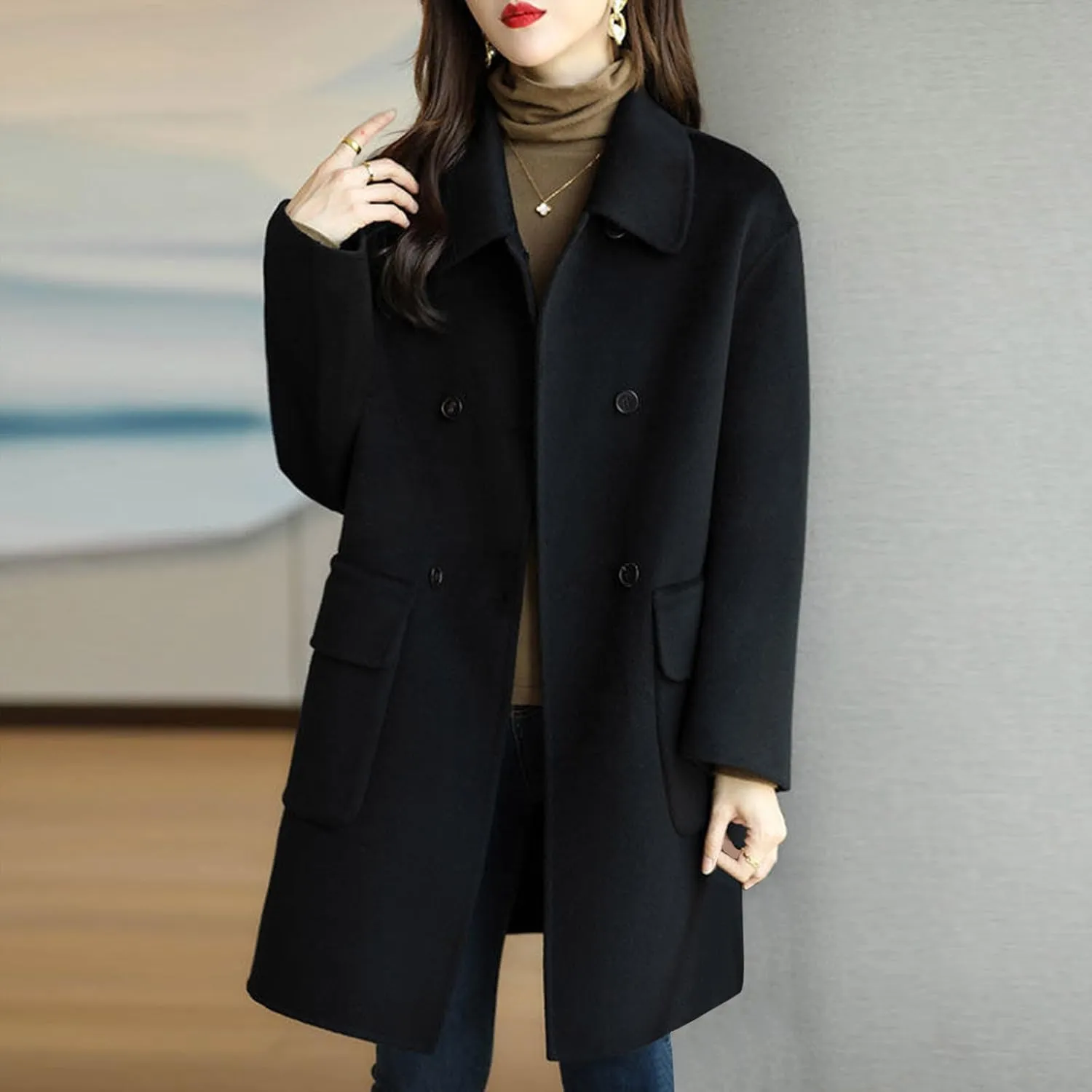 hlysgo Women's Fall Jackets Notch Lapel Double Breasted Wool Blend Mid Long Pea Trench Coat Plus Size Outwear with Pockets