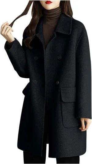 hlysgo Women's Fall Jackets Notch Lapel Double Breasted Wool Blend Mid Long Pea Trench Coat Plus Size Outwear with Pockets