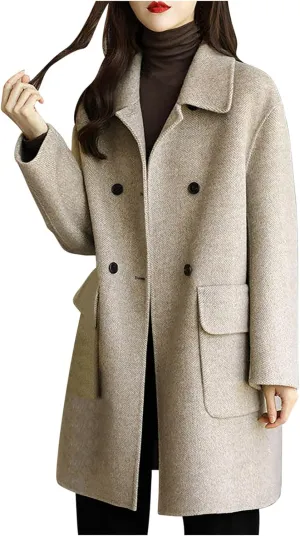 hlysgo Women's Fall Jackets Notch Lapel Double Breasted Wool Blend Mid Long Pea Trench Coat Plus Size Outwear with Pockets