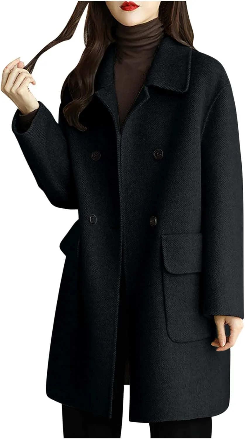 hlysgo Women's Fall Jackets Notch Lapel Double Breasted Wool Blend Mid Long Pea Trench Coat Plus Size Outwear with Pockets