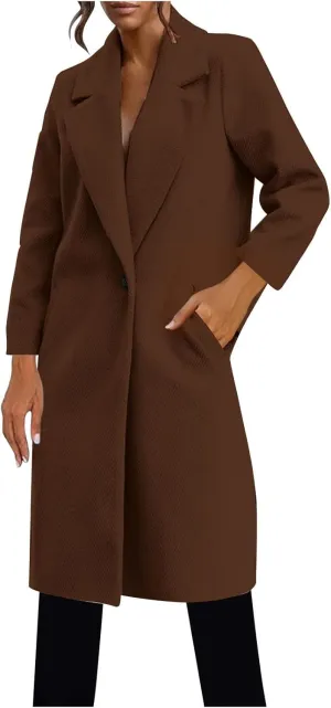hlysgo Women's Long Wool Blend Pea Coat Casual Overcoat Notched Lapel Collar Trench Coat Single Breasted Jacket Outerwear