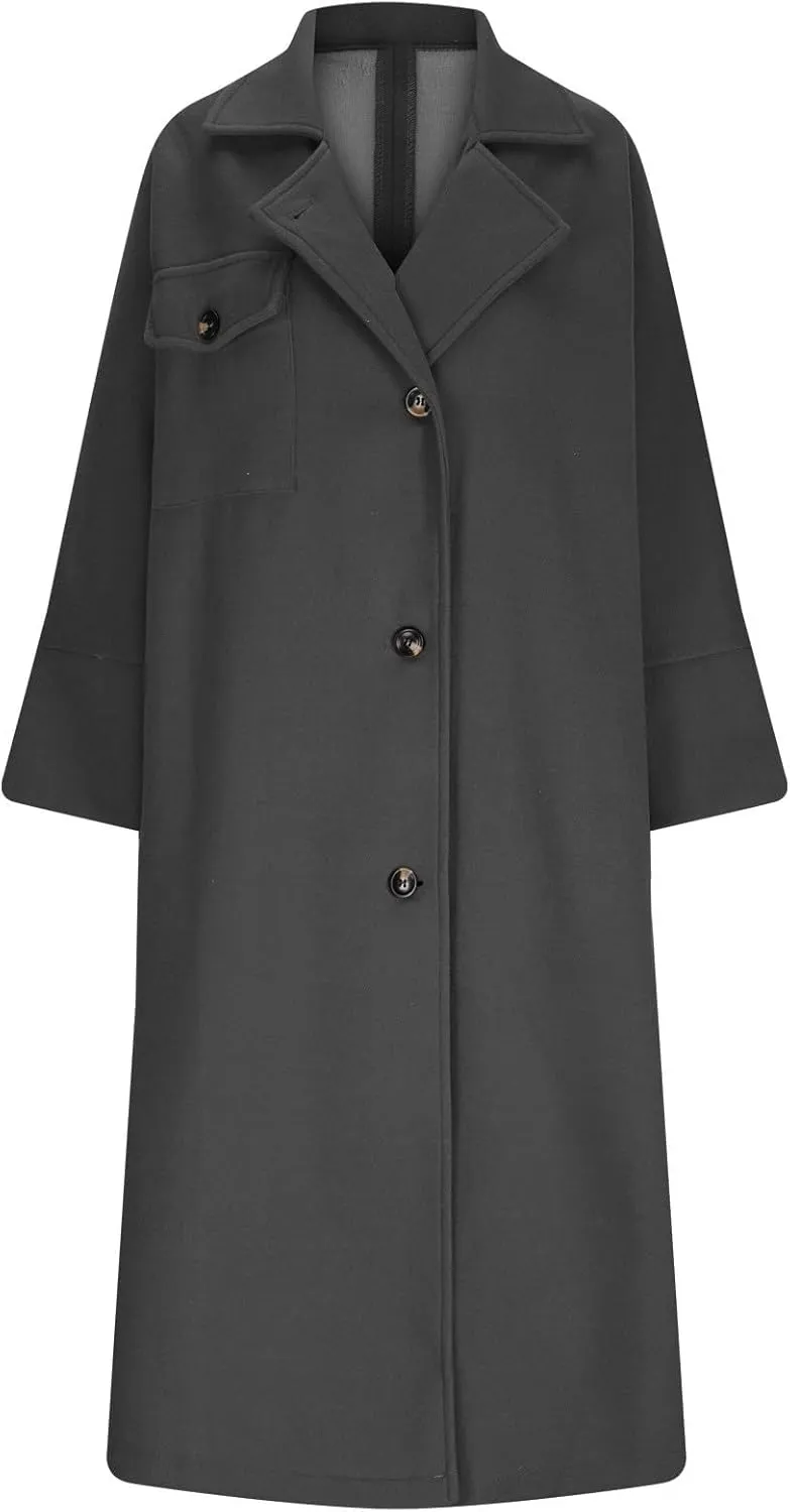 hlysgo Womens Notched Lapel Collar Single Breasted Pea Coat Winter Wool Blend Over Coats Long Jackets Loose Trench Coat