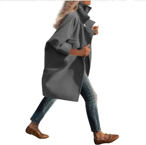 hlysgo Womens Notched Lapel Collar Single Breasted Pea Coat Winter Wool Blend Over Coats Long Jackets Loose Trench Coat