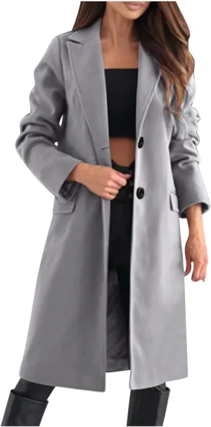 hlysgo Women's Winter Coat Single Breasted Wool Blend Peacoat Long Sleeve Notch Lapel Mid-Long Trench Coat Jacket Outwear