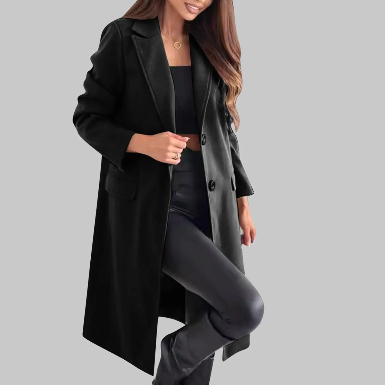 hlysgo Women's Winter Coat Single Breasted Wool Blend Peacoat Long Sleeve Notch Lapel Mid-Long Trench Coat Jacket Outwear
