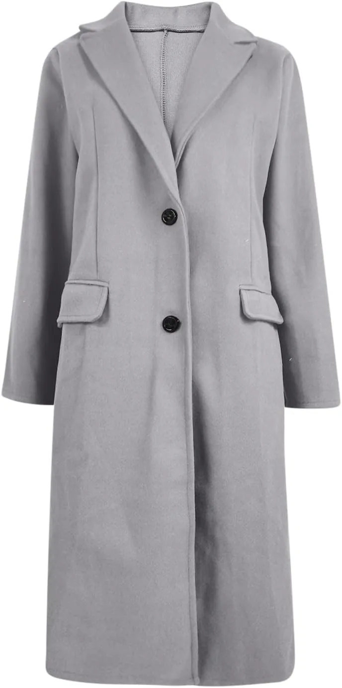 hlysgo Women's Winter Coat Single Breasted Wool Blend Peacoat Long Sleeve Notch Lapel Mid-Long Trench Coat Jacket Outwear