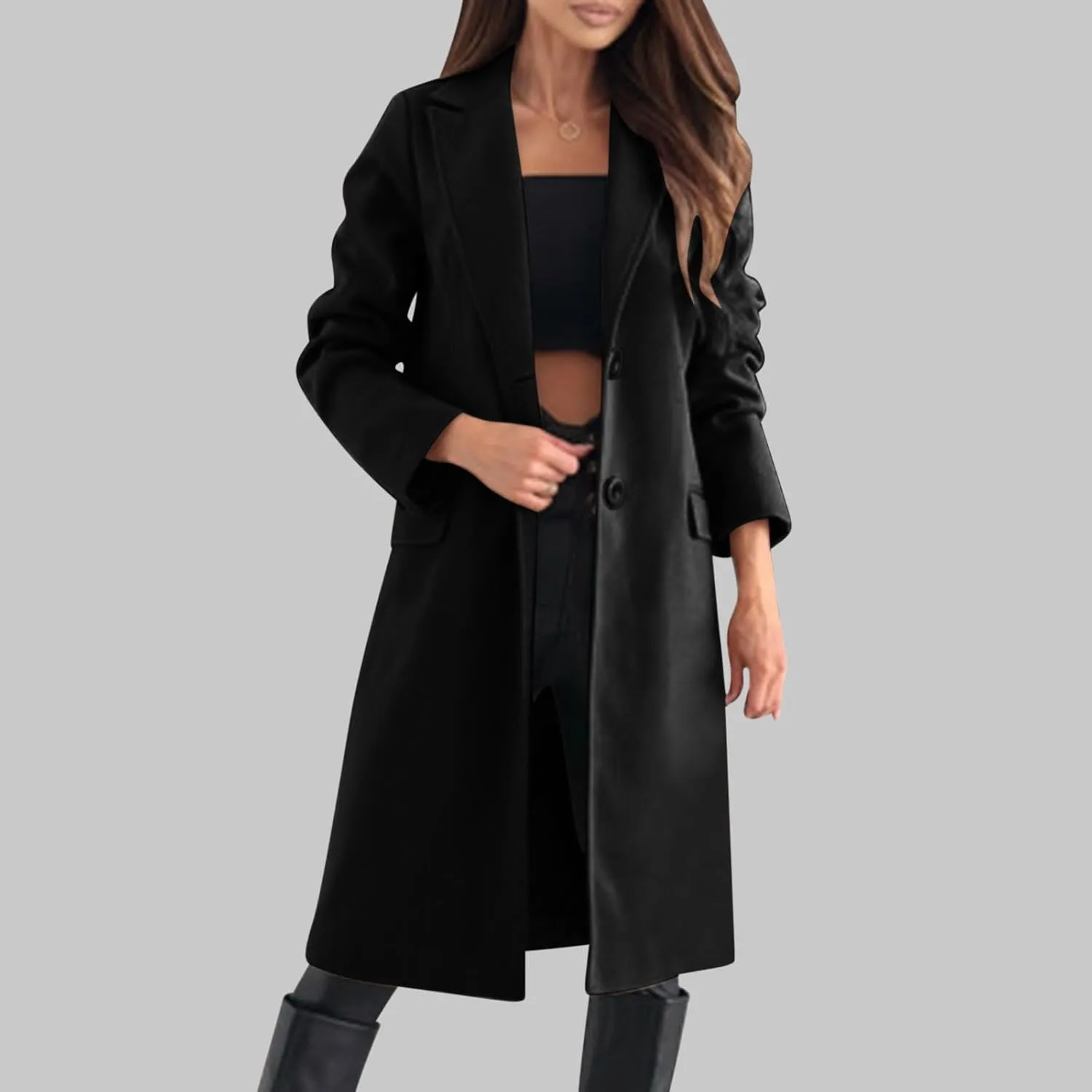 hlysgo Women's Winter Coat Single Breasted Wool Blend Peacoat Long Sleeve Notch Lapel Mid-Long Trench Coat Jacket Outwear