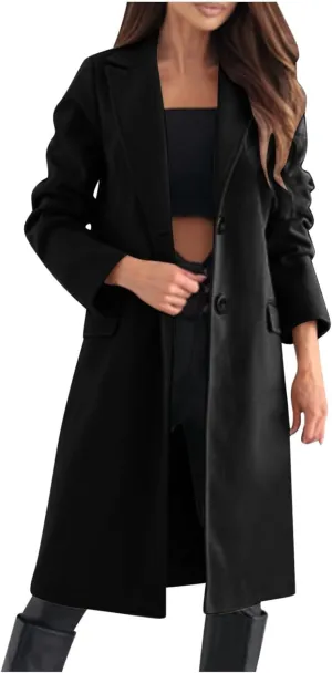 hlysgo Women's Winter Coat Single Breasted Wool Blend Peacoat Long Sleeve Notch Lapel Mid-Long Trench Coat Jacket Outwear