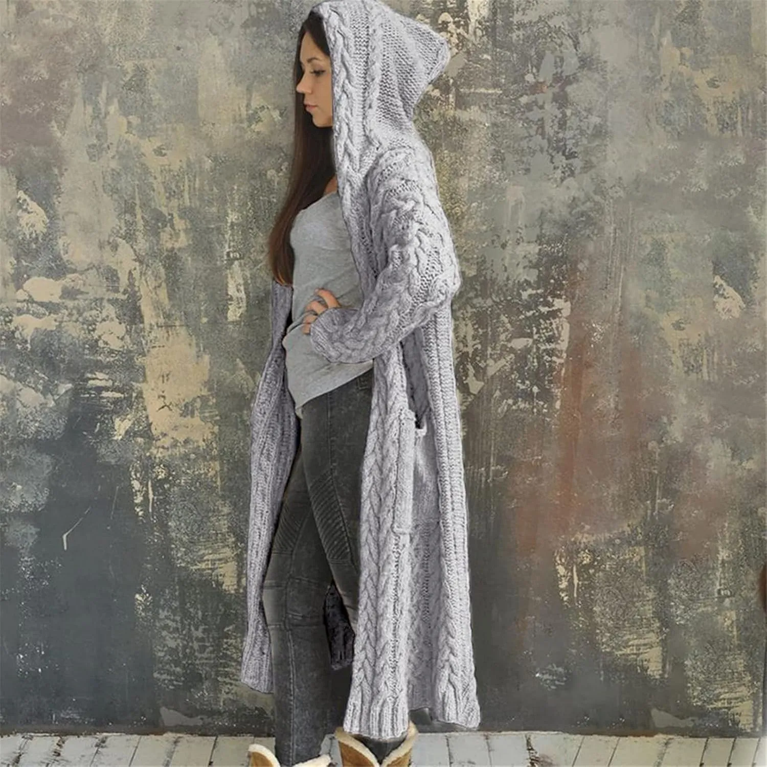 Hooded Cardigan for Women Oversized Plush Knit Long Cardigans Long Sleeve Fall Winter Sweater Coats with Pockets