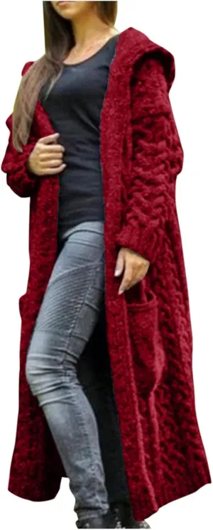Hooded Cardigan for Women Oversized Plush Knit Long Cardigans Long Sleeve Fall Winter Sweater Coats with Pockets