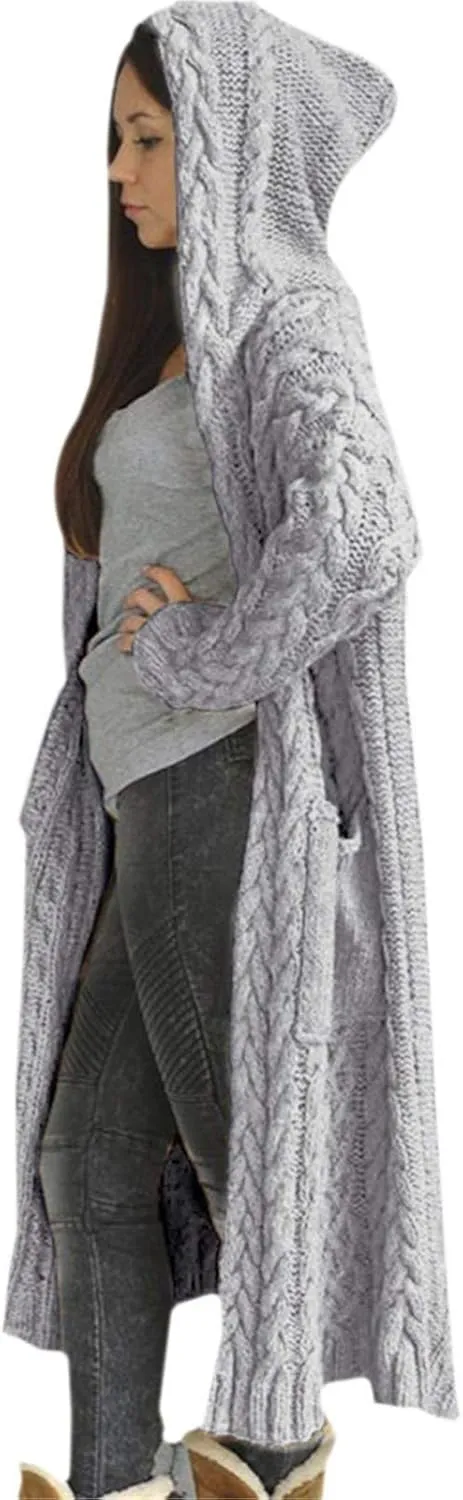 Hooded Cardigan for Women Oversized Plush Knit Long Cardigans Long Sleeve Fall Winter Sweater Coats with Pockets