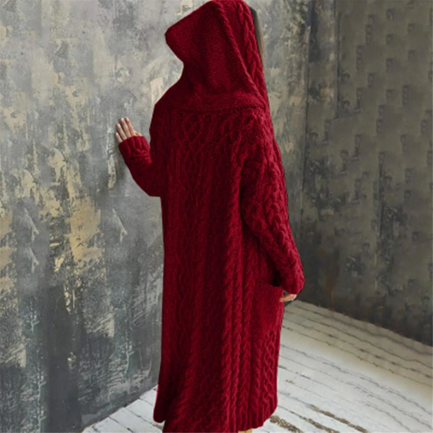 Hooded Cardigan for Women Oversized Plush Knit Long Cardigans Long Sleeve Fall Winter Sweater Coats with Pockets