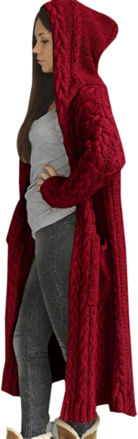 Hooded Cardigan for Women Oversized Plush Knit Long Cardigans Long Sleeve Fall Winter Sweater Coats with Pockets