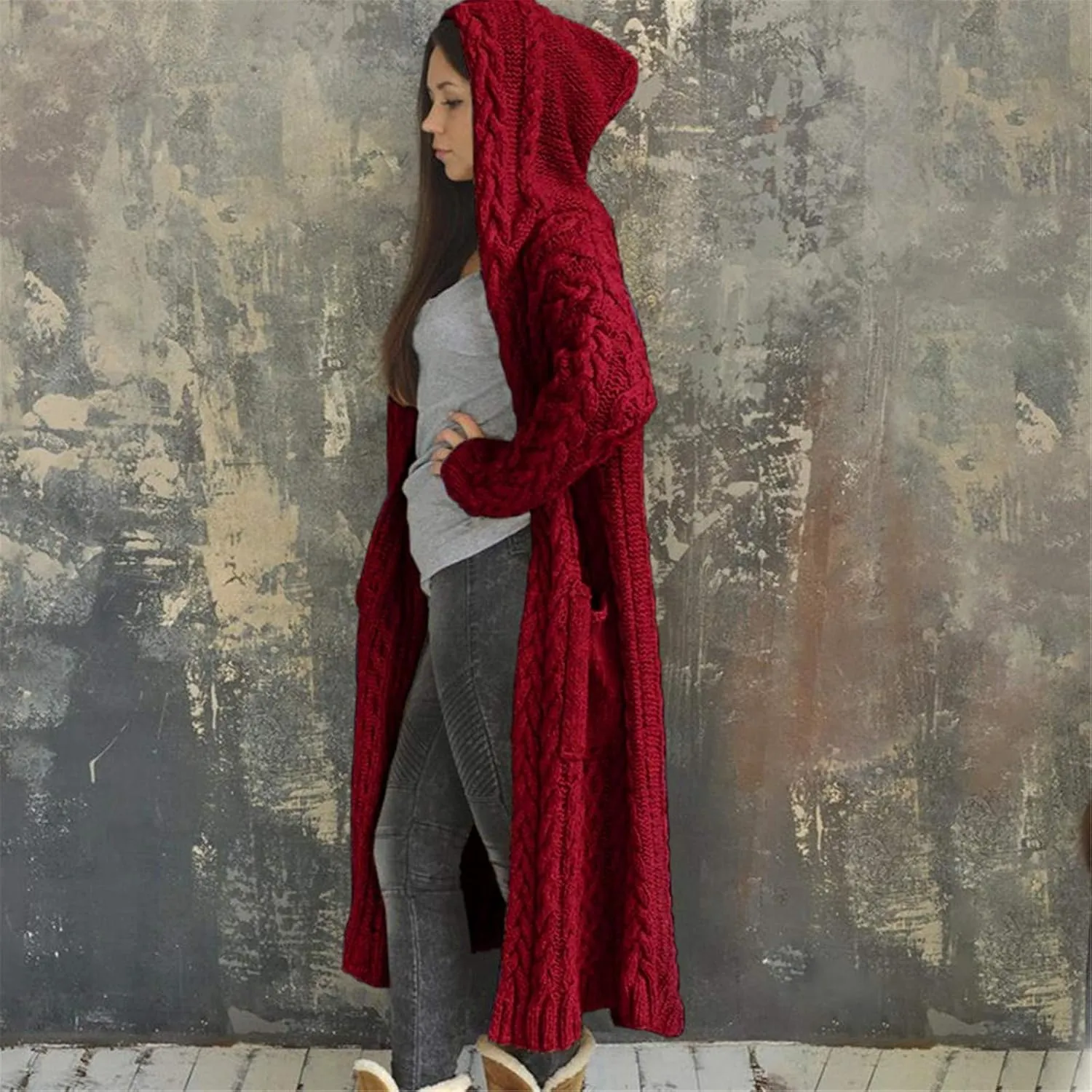 Hooded Cardigan for Women Oversized Plush Knit Long Cardigans Long Sleeve Fall Winter Sweater Coats with Pockets