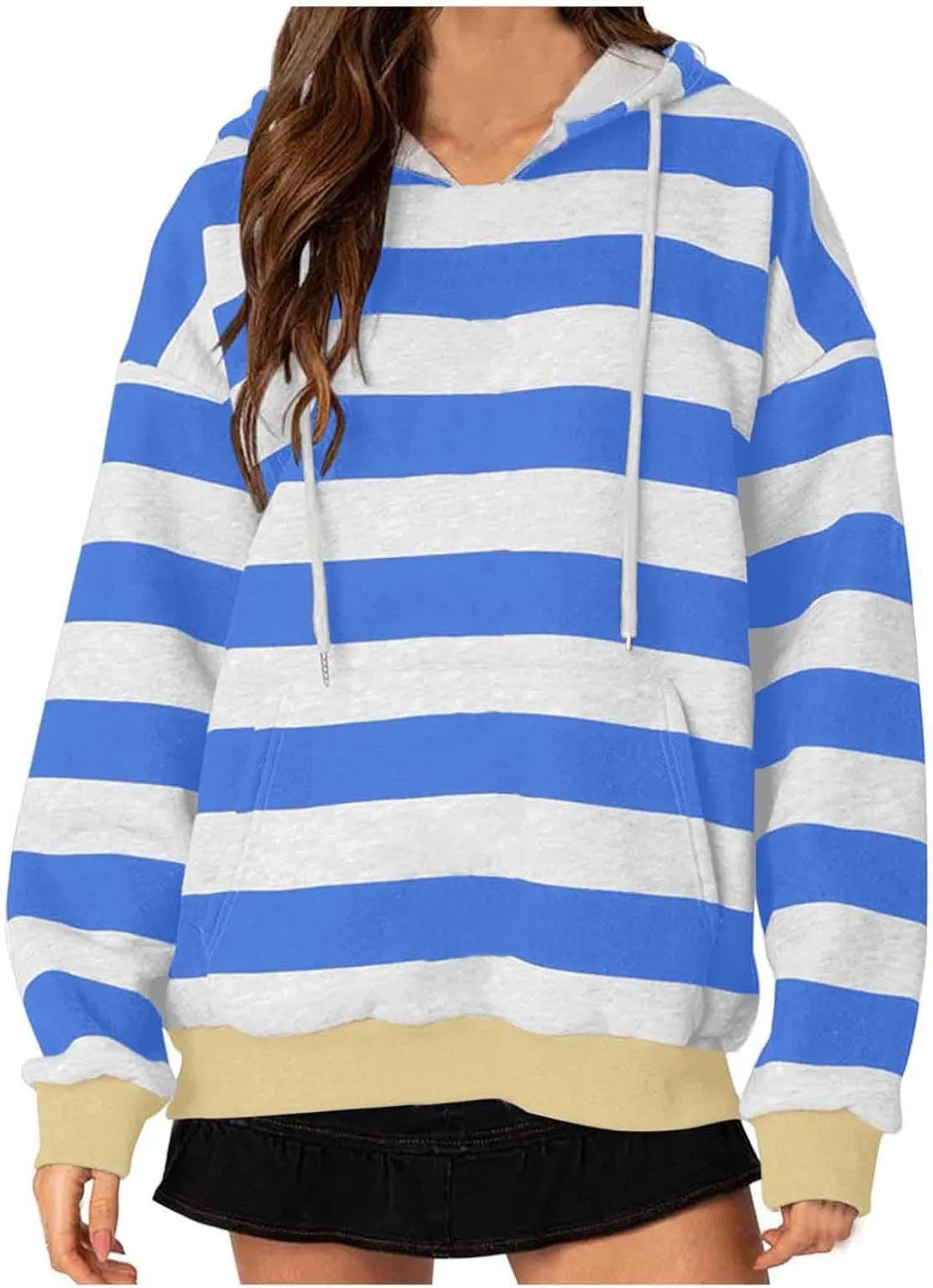 Hoodies for Women Oversized Long Sleeve Striped Colour Block Sweatshirt Fashion Drawstring Soft Pullover Tops Fall 2024