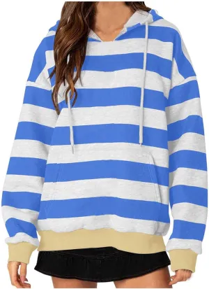 Hoodies for Women Oversized Long Sleeve Striped Colour Block Sweatshirt Fashion Drawstring Soft Pullover Tops Fall 2024