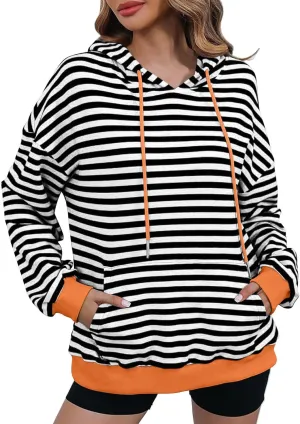 Hoodies for Women Striped Color Block Oversized Sweatshirt Drwastring Long Sleeve Fashion Pullover Sweater With Pocket