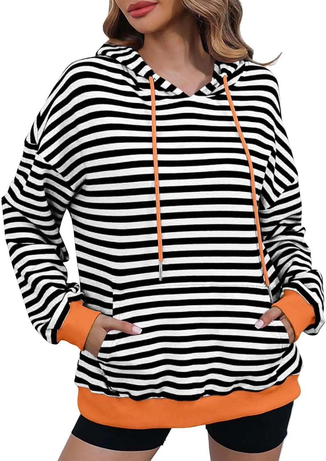 Hoodies for Women Striped Color Block Oversized Sweatshirt Drwastring Long Sleeve Fashion Pullover Sweater With Pocket