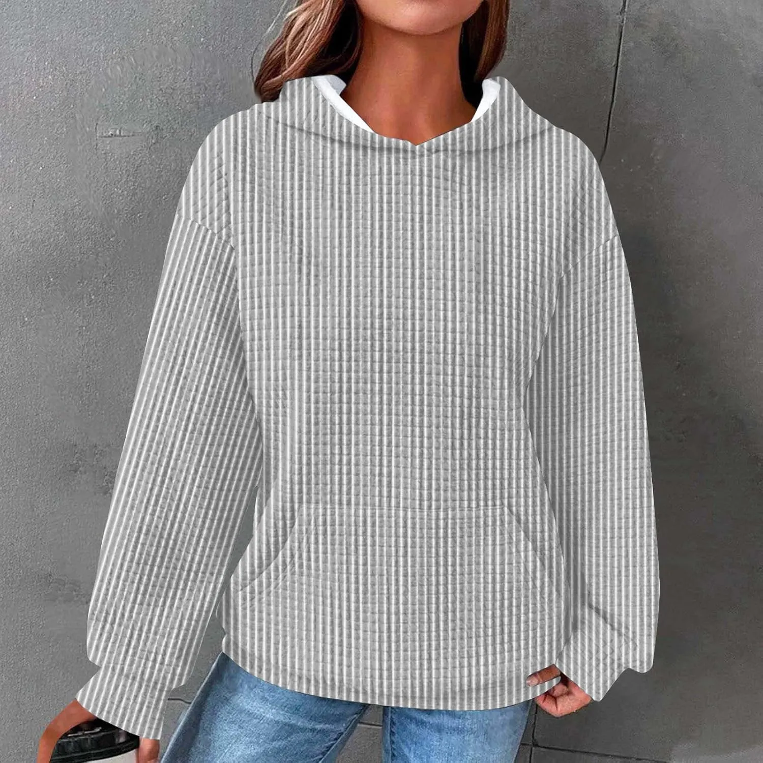 Hoodies For Women Waffle Knit Long Sleeve Drawstring Pullover Tops Casual Loose Hooded Sweatshirts With Pockets