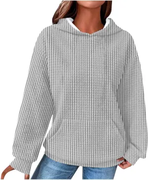 Hoodies For Women Waffle Knit Long Sleeve Drawstring Pullover Tops Casual Loose Hooded Sweatshirts With Pockets