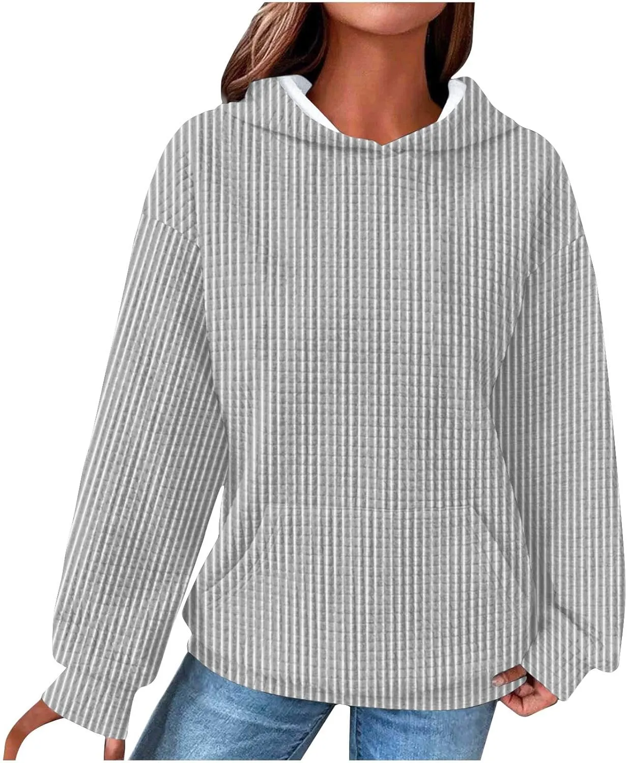 Hoodies For Women Waffle Knit Long Sleeve Drawstring Pullover Tops Casual Loose Hooded Sweatshirts With Pockets