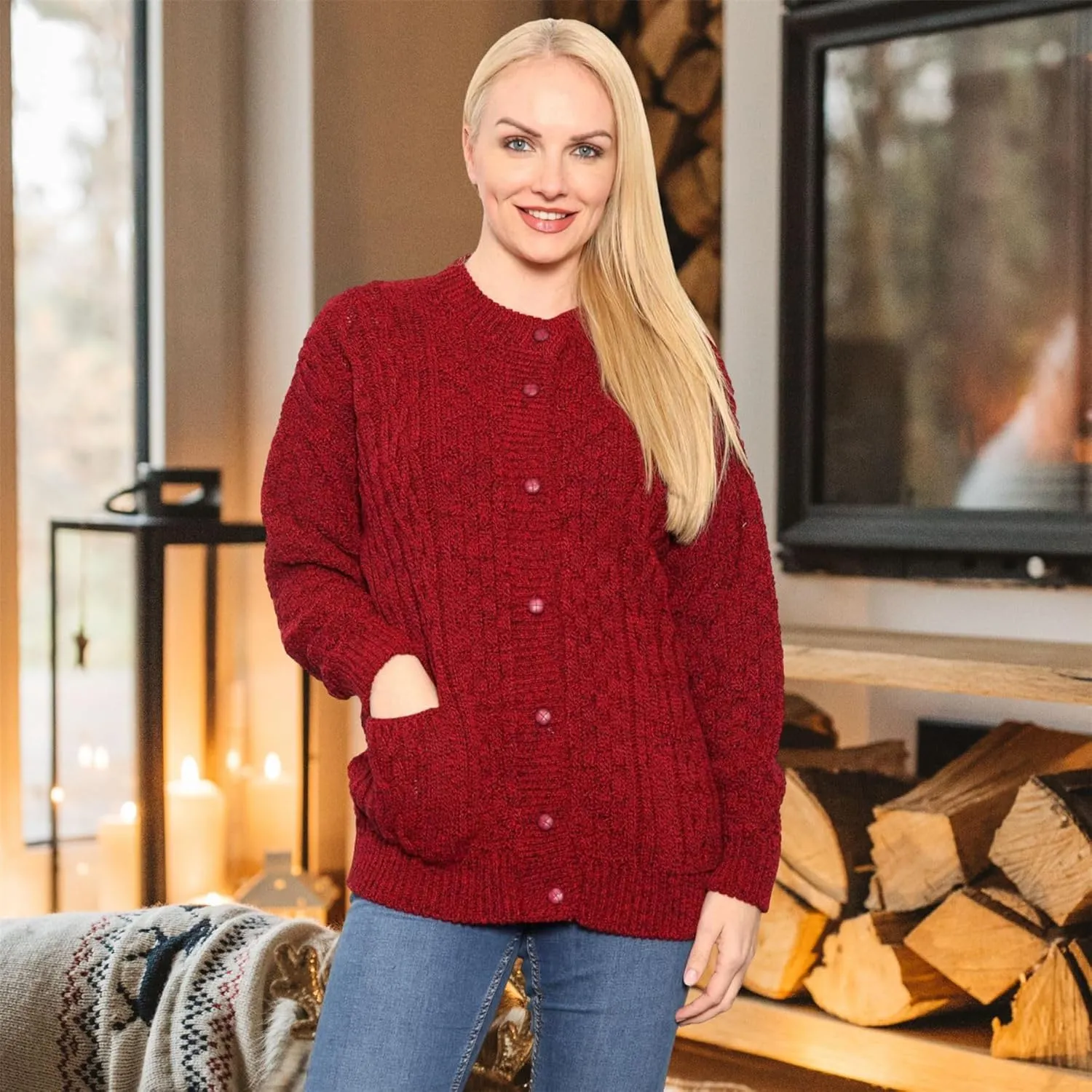 Janisramone Cable Knit Sweater Women, Crew Neck Cable Knit Cardigan, Long Sleeve Cardigan for Women, Button up Cardigan