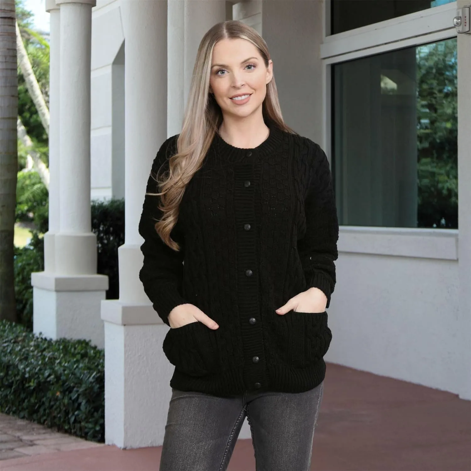 Janisramone Cable Knit Sweater Women, Crew Neck Cable Knit Cardigan, Long Sleeve Cardigan for Women, Button up Cardigan