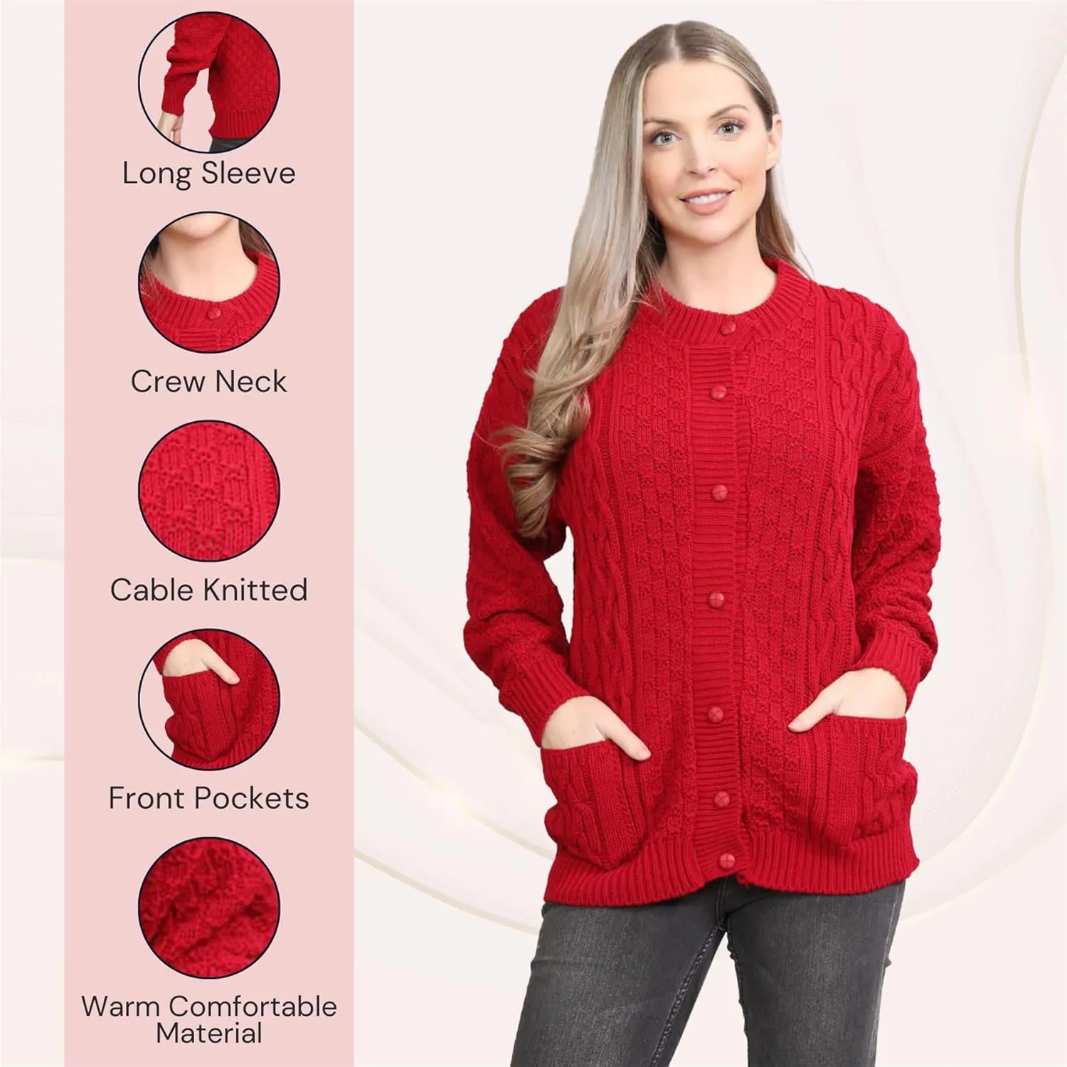 Janisramone Cable Knit Sweater Women, Crew Neck Cable Knit Cardigan, Long Sleeve Cardigan for Women, Button up Cardigan