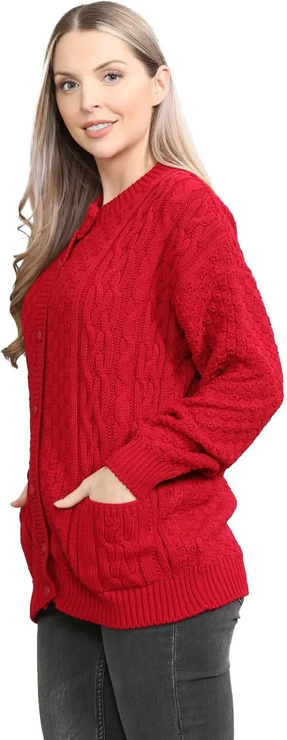 Janisramone Cable Knit Sweater Women, Crew Neck Cable Knit Cardigan, Long Sleeve Cardigan for Women, Button up Cardigan
