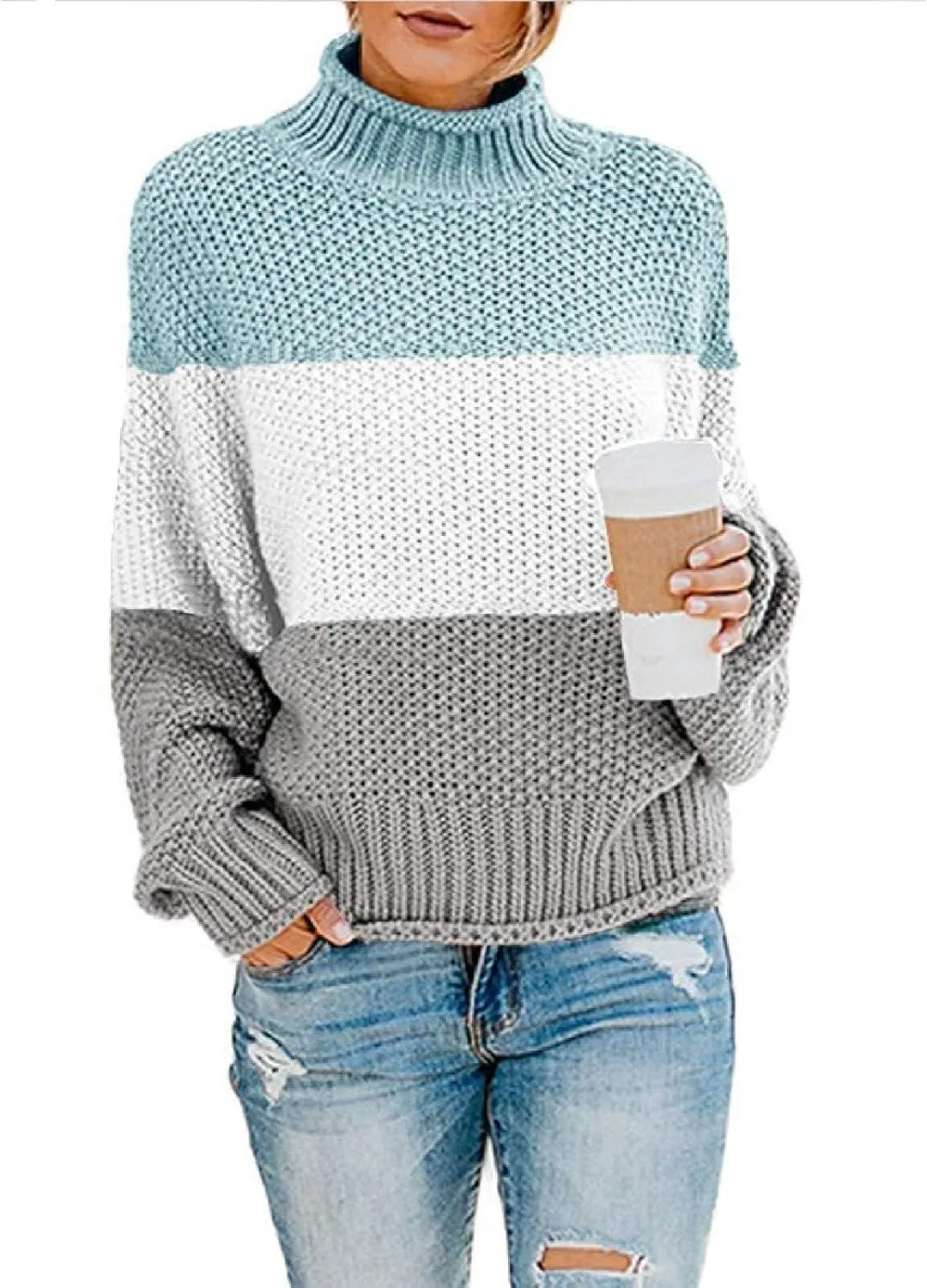 JEGULV Turtleneck Sweaters for Woman Dressy Casual Long Sleeve Cable Knit Pullover Tops Sweaters Loose Soft Jumper Sweaters