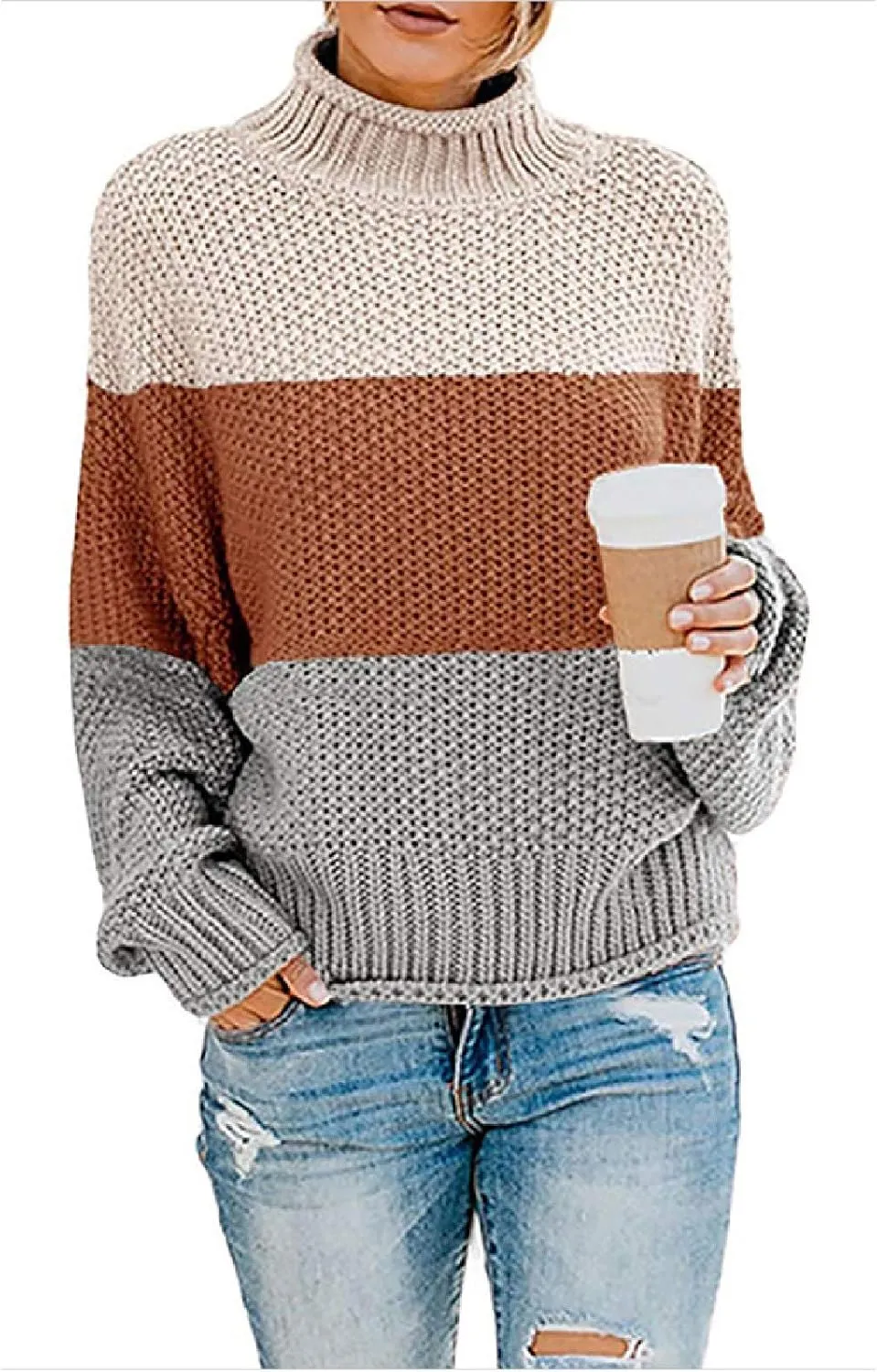 JEGULV Turtleneck Sweaters for Woman Dressy Casual Long Sleeve Cable Knit Pullover Tops Sweaters Loose Soft Jumper Sweaters