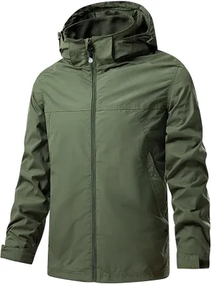 JEShifangjiusu Men's Classic Waterproof Breathable Rain Jacket Hooded Hiking Coat Casual Lightweight Windbreaker Outwear, Army Green, XX-Large