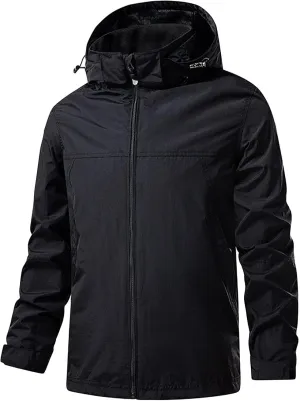JEShifangjiusu Men's Classic Waterproof Breathable Rain Jacket Hooded Hiking Coat Casual Lightweight Windbreaker Outwear, Black, Large