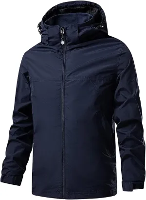 JEShifangjiusu Men's Classic Waterproof Breathable Rain Jacket Hooded Hiking Coat Casual Lightweight Windbreaker Outwear, Blue, Large