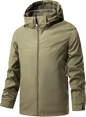 JEShifangjiusu Men's Classic Waterproof Breathable Rain Jacket Hooded Hiking Coat Casual Lightweight Windbreaker Outwear, Khaki, Medium