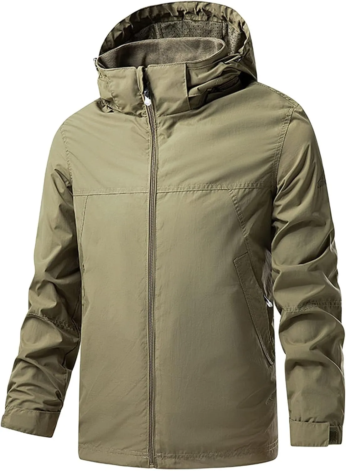 JEShifangjiusu Men's Classic Waterproof Breathable Rain Jacket Hooded Hiking Coat Casual Lightweight Windbreaker Outwear, Khaki, X-Large