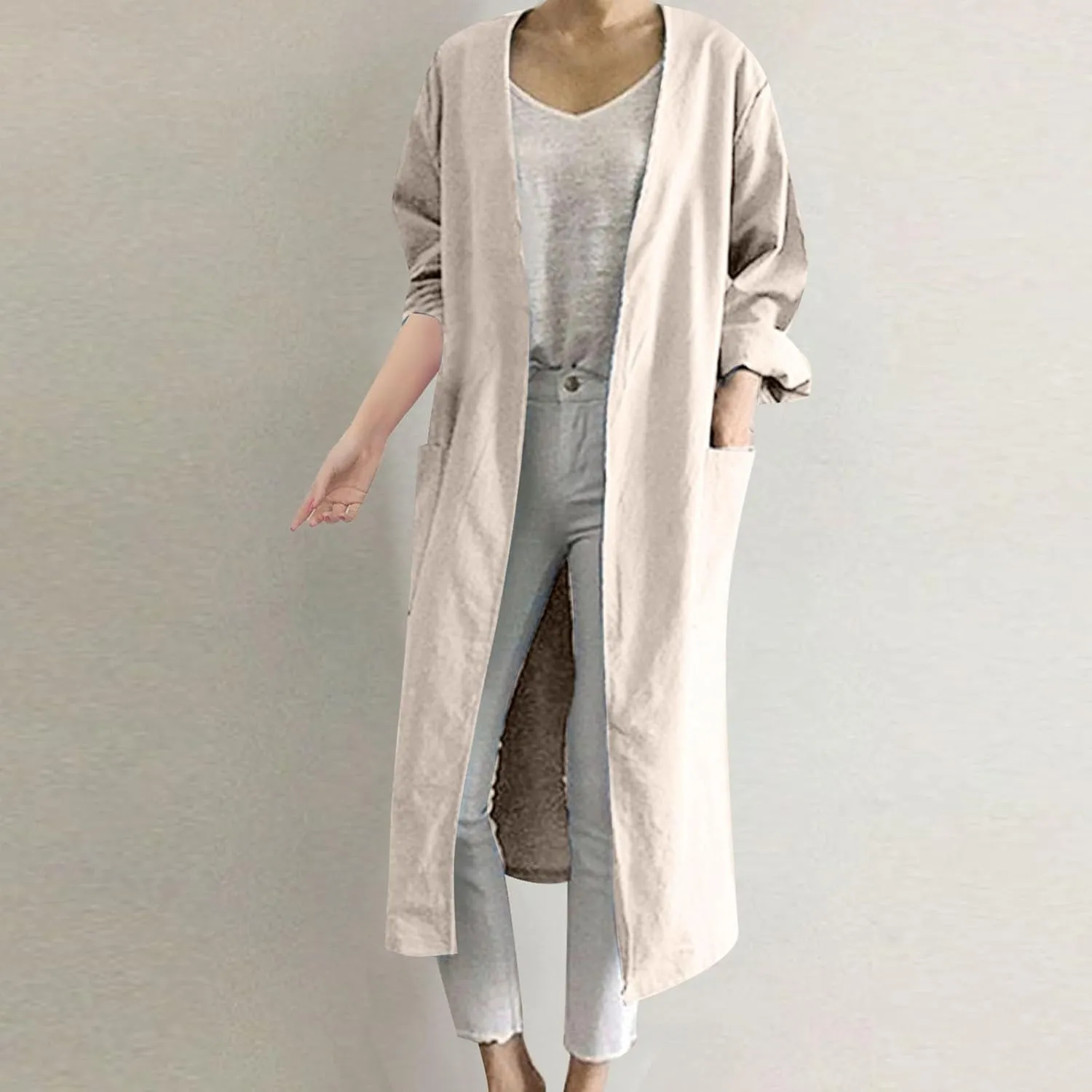 JOAU Women Fall Long Sleeve Solid Color Cotton Linen Cardigans Outwear Loose Fit Casual Lightweight Long Coat with Pockets
