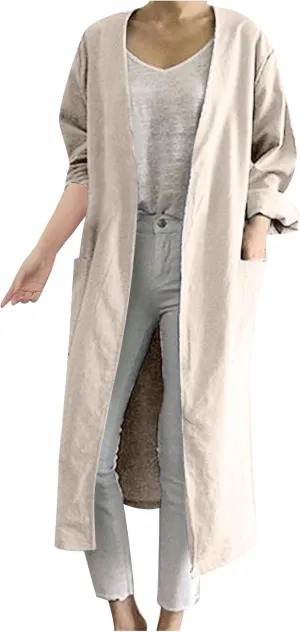 JOAU Women Fall Long Sleeve Solid Color Cotton Linen Cardigans Outwear Loose Fit Casual Lightweight Long Coat with Pockets