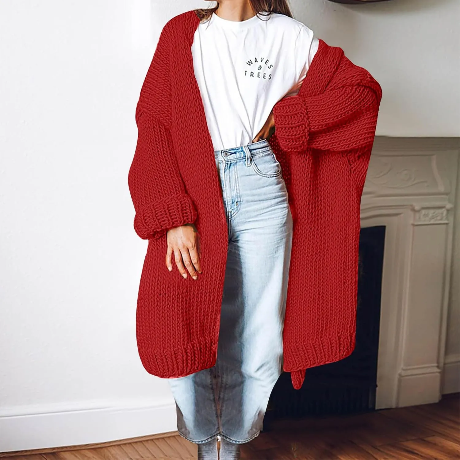 JOAU Women's Long Sleeve Chunky Knit Open Front Sweater Cardigan Loose Fit Lapel Outerwear Fall Winter Casual Long Coat Top