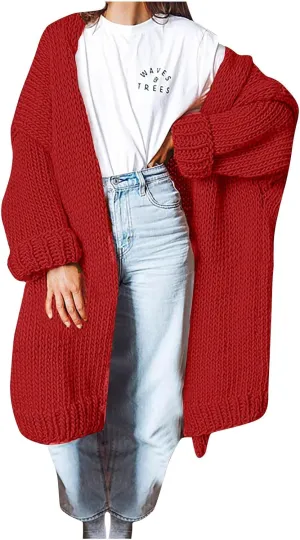 JOAU Women's Long Sleeve Chunky Knit Open Front Sweater Cardigan Loose Fit Lapel Outerwear Fall Winter Casual Long Coat Top