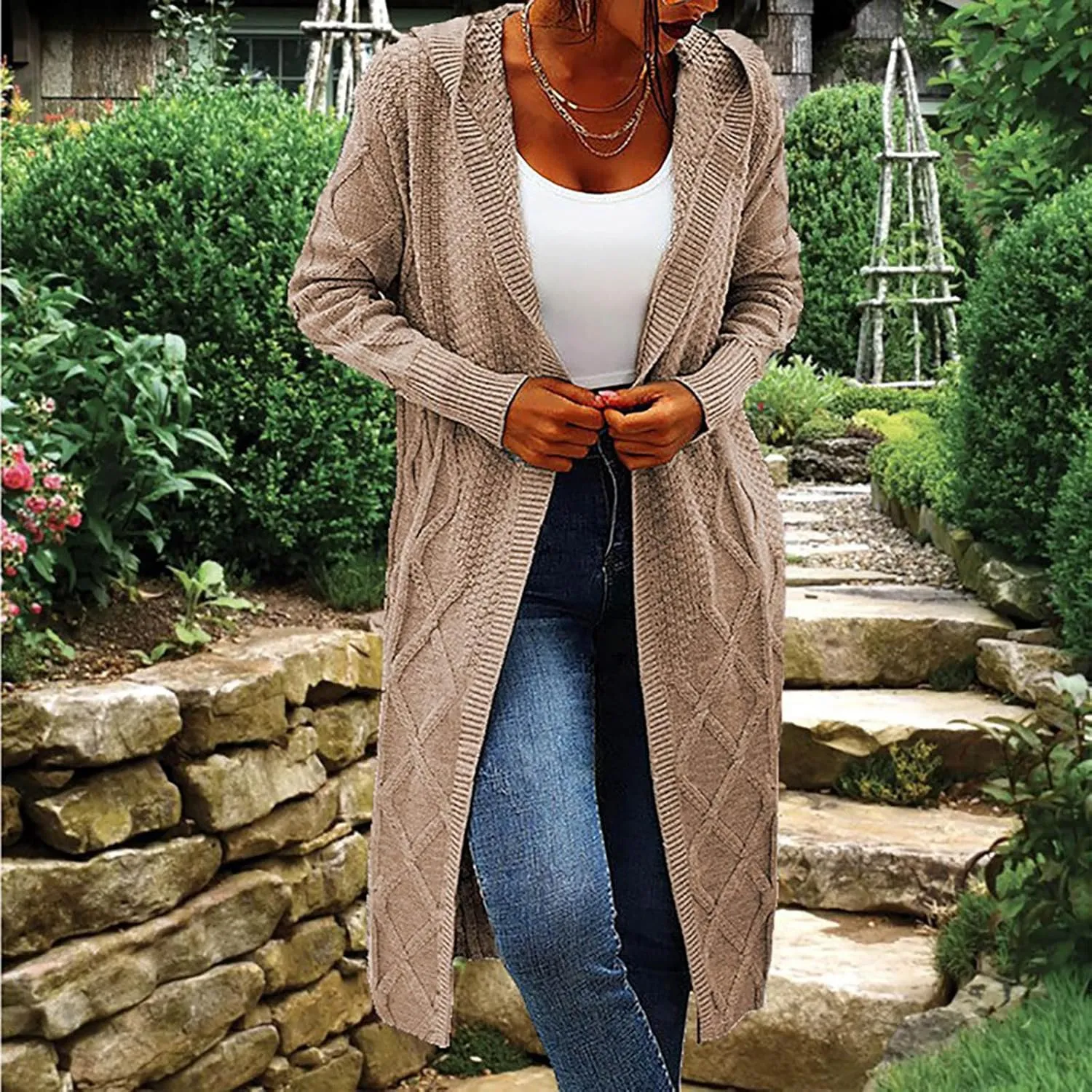 JOAU Women's Long Sleeve Open Front Cardigan Chunky Cable Knit Hooded Sweater Casual Loose Fit Midi Fall Winter Coat Top