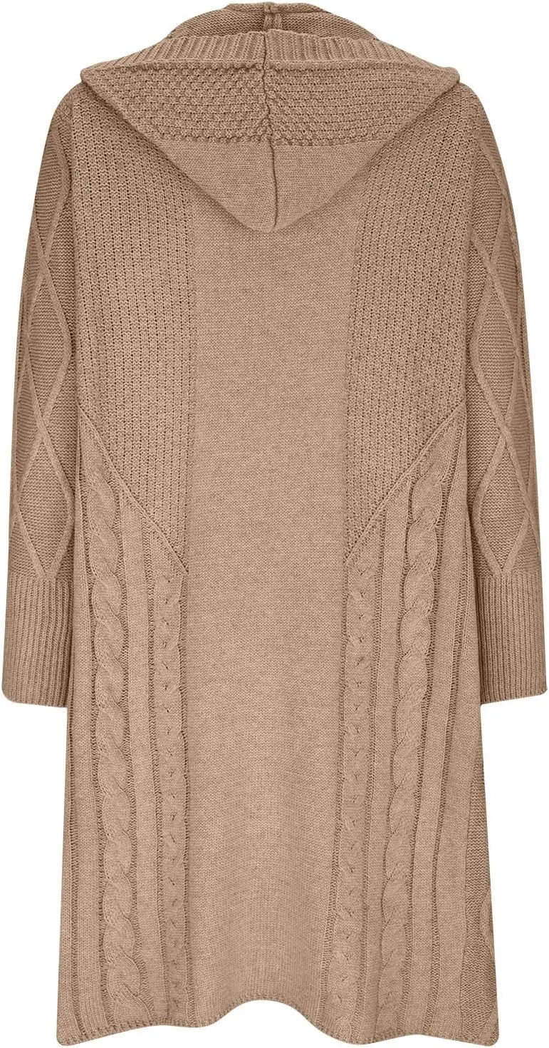 JOAU Women's Long Sleeve Open Front Cardigan Chunky Cable Knit Hooded Sweater Casual Loose Fit Midi Fall Winter Coat Top