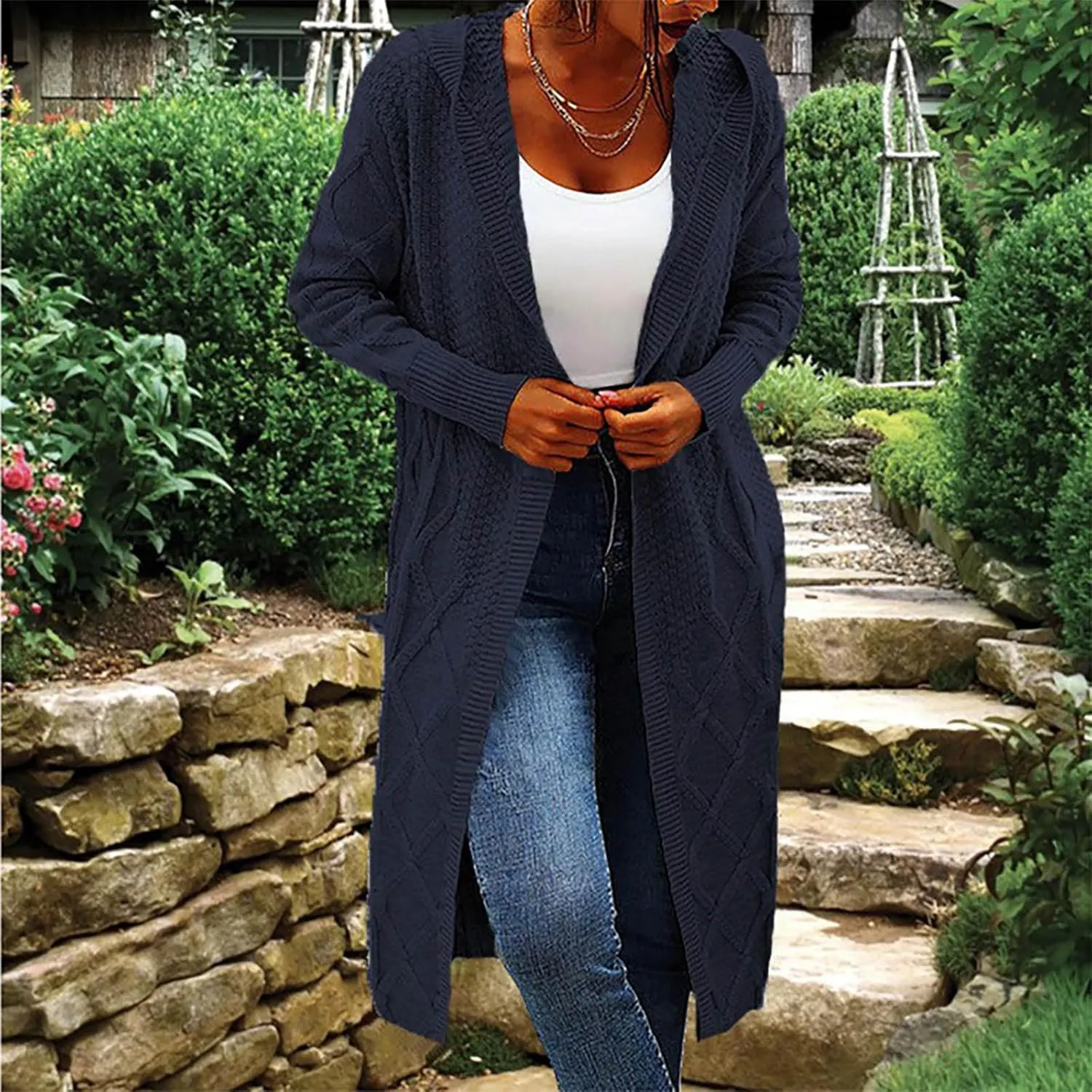JOAU Women's Long Sleeve Open Front Cardigan Chunky Cable Knit Hooded Sweater Casual Loose Fit Midi Fall Winter Coat Top
