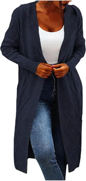JOAU Women's Long Sleeve Open Front Cardigan Chunky Cable Knit Hooded Sweater Casual Loose Fit Midi Fall Winter Coat Top