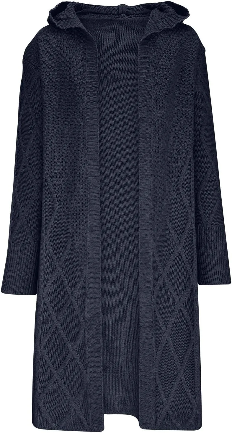 JOAU Women's Long Sleeve Open Front Cardigan Chunky Cable Knit Hooded Sweater Casual Loose Fit Midi Fall Winter Coat Top