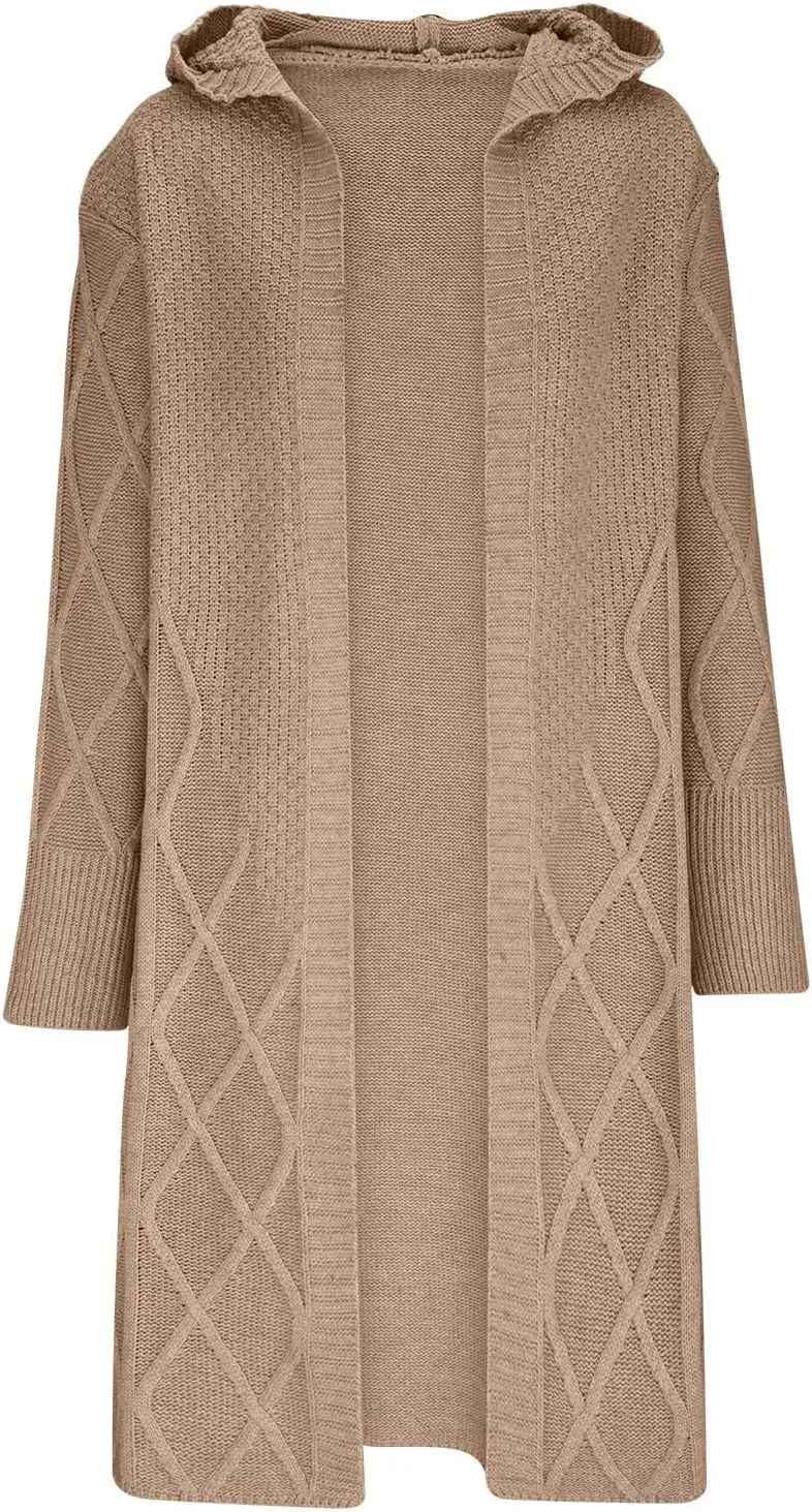 JOAU Women's Long Sleeve Open Front Cardigan Chunky Cable Knit Hooded Sweater Casual Loose Fit Midi Fall Winter Coat Top