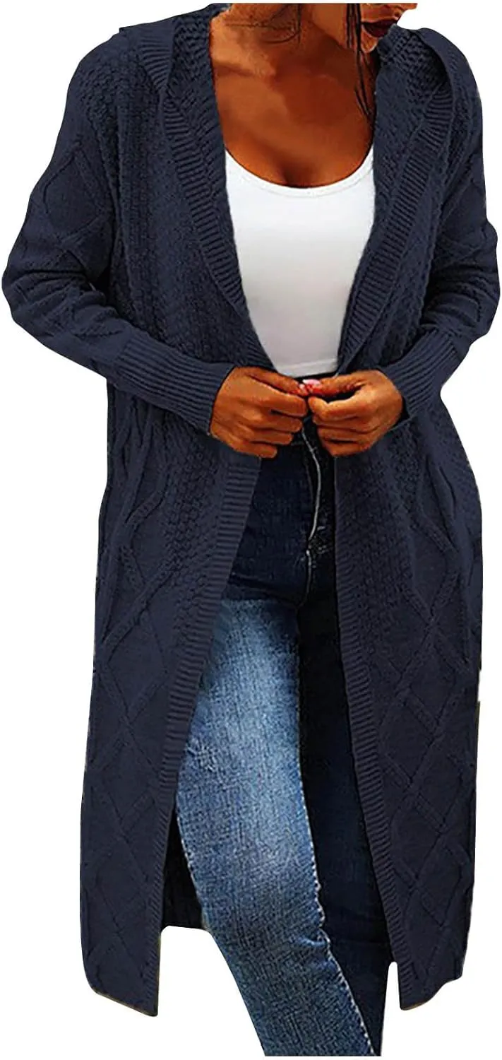 JOAU Women's Long Sleeve Open Front Cardigan Chunky Cable Knit Hooded Sweater Casual Loose Fit Midi Fall Winter Coat Top