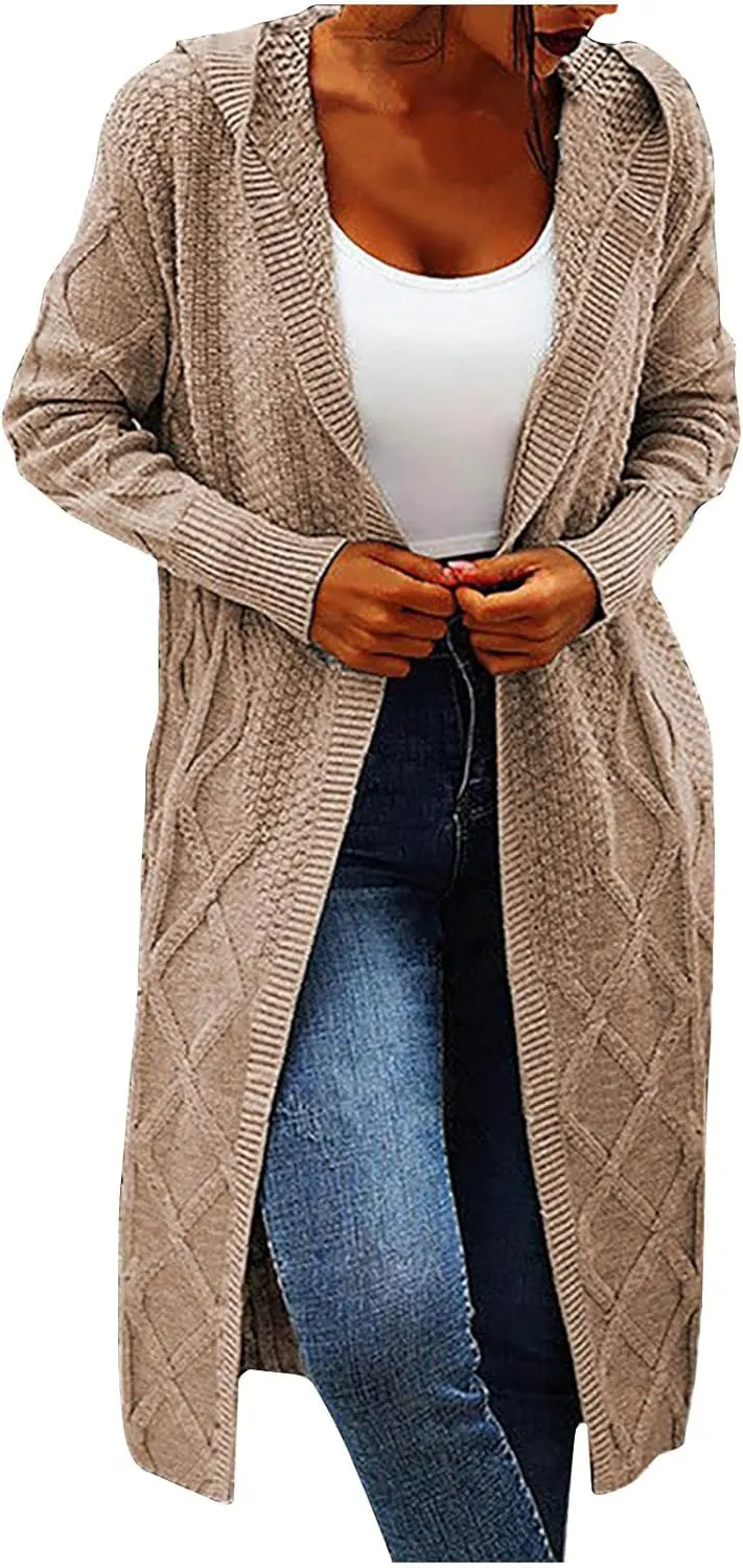 JOAU Women's Long Sleeve Open Front Cardigan Chunky Cable Knit Hooded Sweater Casual Loose Fit Midi Fall Winter Coat Top
